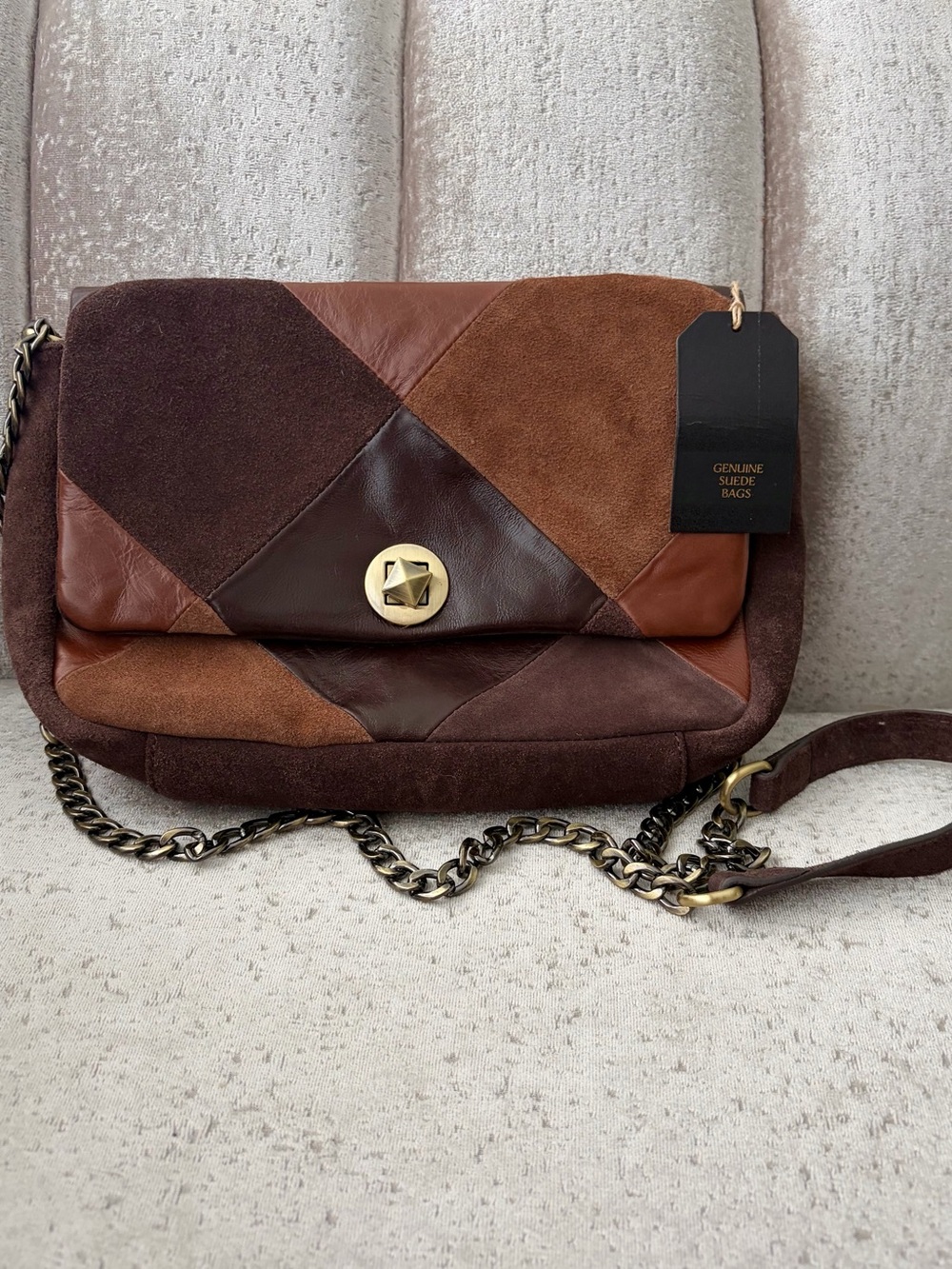 NWT Gold, Brown & Multi-Tone Patchwork Leather & Suede Chain Crossbody Bag